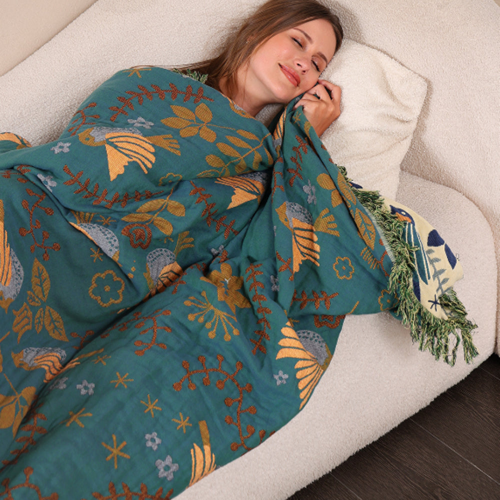 Coperta decorativa in cotone con motivo floreale e frange