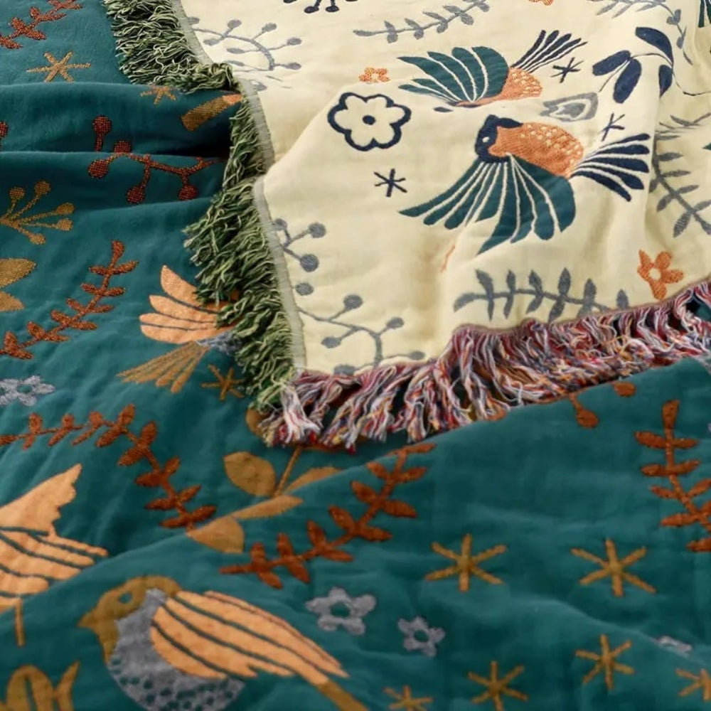 Coperta decorativa in cotone con motivo floreale e frange