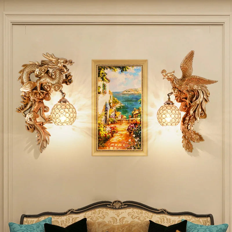 DragonPhoenix - Lâmpada de Parede Luxuosa Dragão e Fénix Iluminação Decorativa