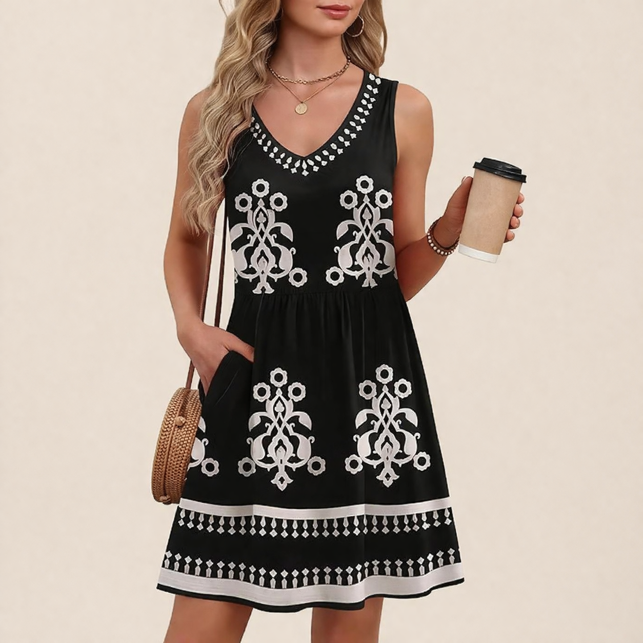 Vestido de Senhora Linha A Sem Mangas Casual Verão com Bolsos