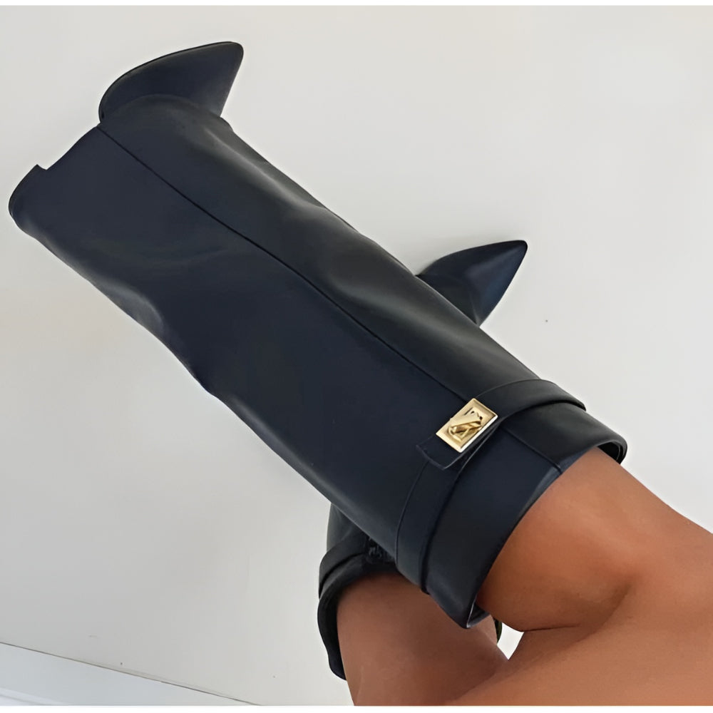 Stivali Donna Ginocchio Tacco Largo Cinturino Zip Autunno