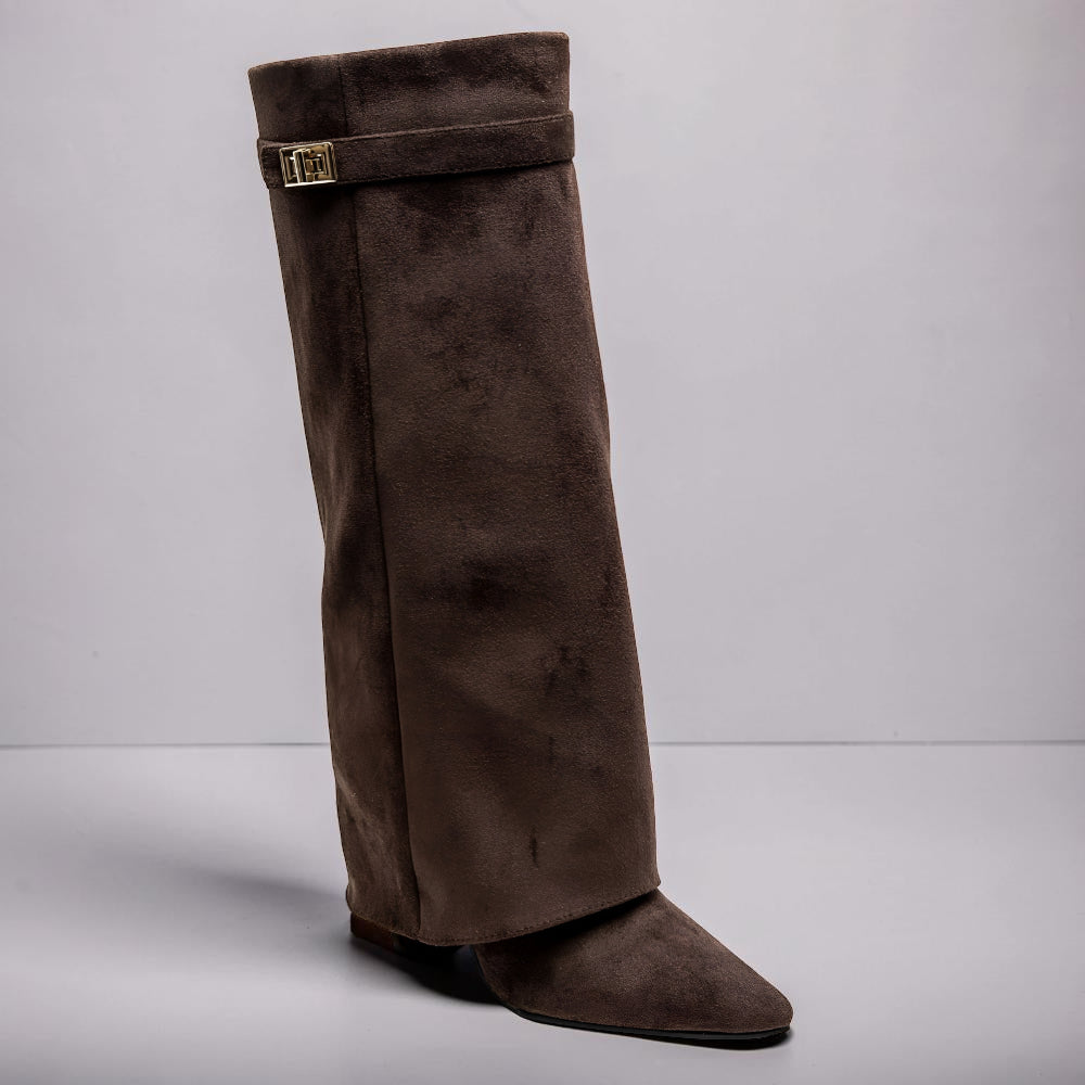 Stivali Donna Ginocchio Tacco Largo Cinturino Zip Autunno
