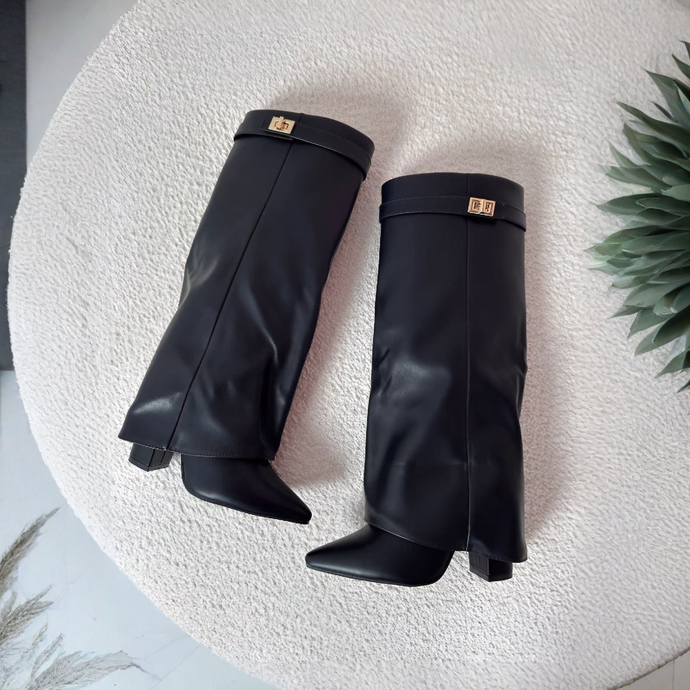 Stivali Donna Ginocchio Tacco Largo Cinturino Zip Autunno