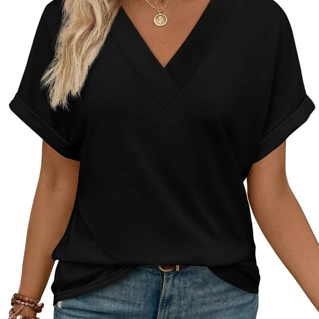 Maglietta Donna Scollo a V Manica Pipistrello Top Casual