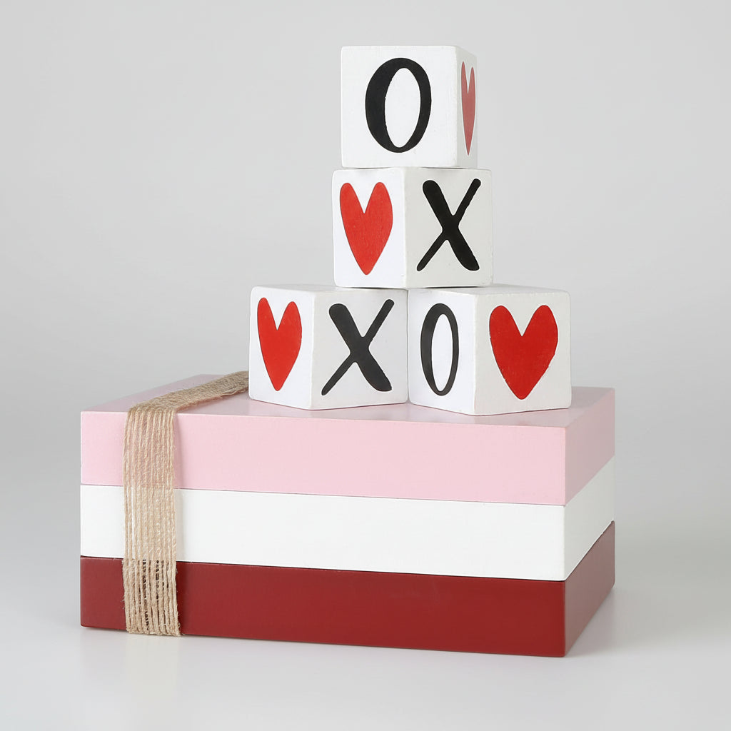 Wooden Valentine's Decoration XOXO Book Stack Hearts