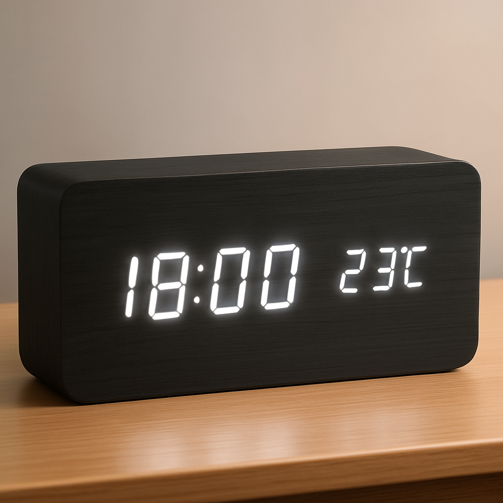 Digital Alarm Clock LED Wood Modern Temperature Dimmable Display
