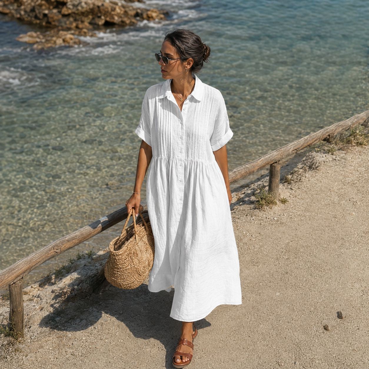 Donna Estate Abito Lungo Casual Bottoni Tasche