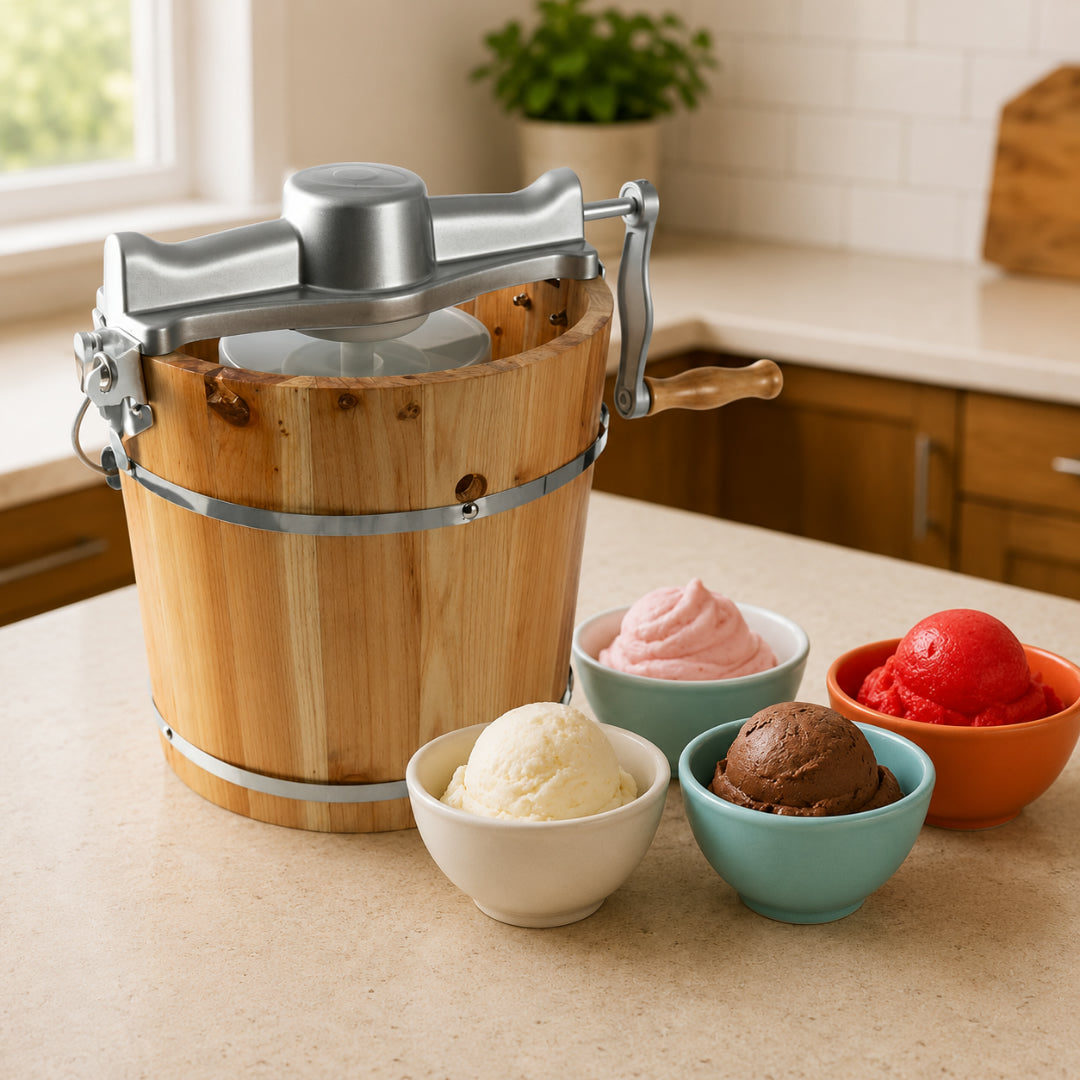 Gelatiera a refrigerazione vintage in legno con manovella elettrica