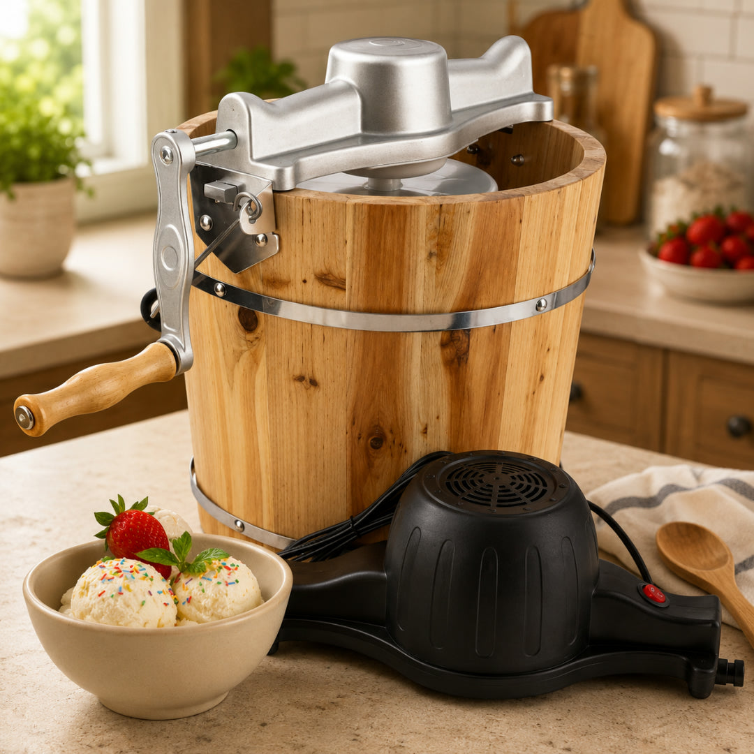 Gelatiera a refrigerazione vintage in legno con manovella elettrica