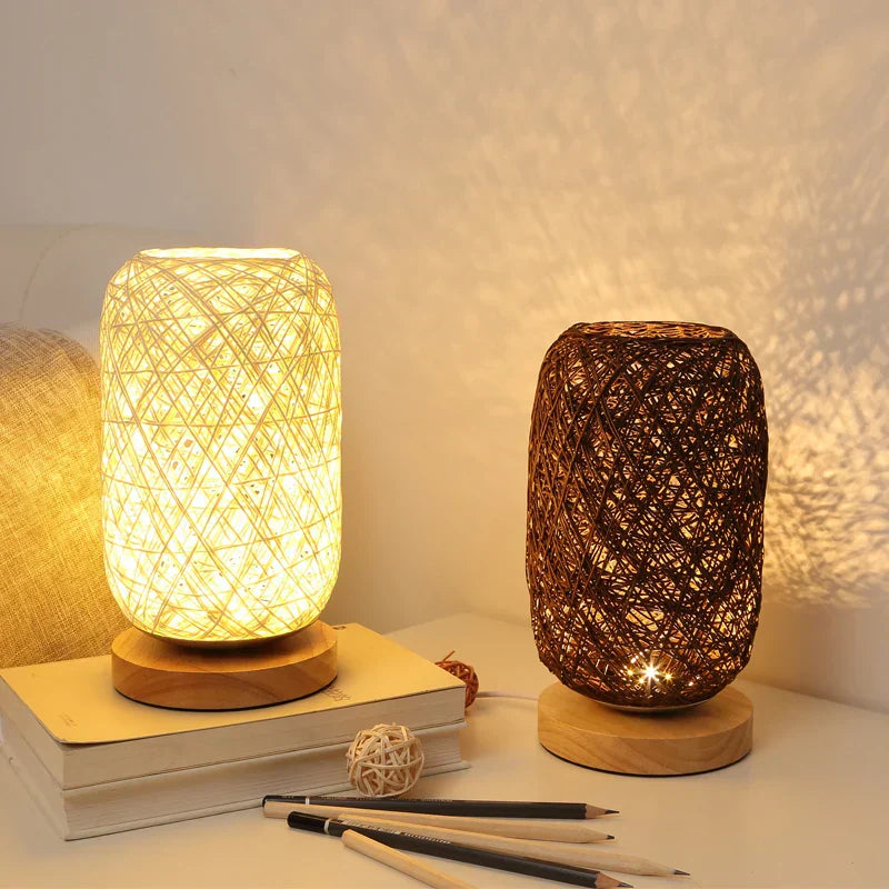 RusticGlow - Wooden Table Lamp with Rope Design – Handmade LED Decorative Lamp