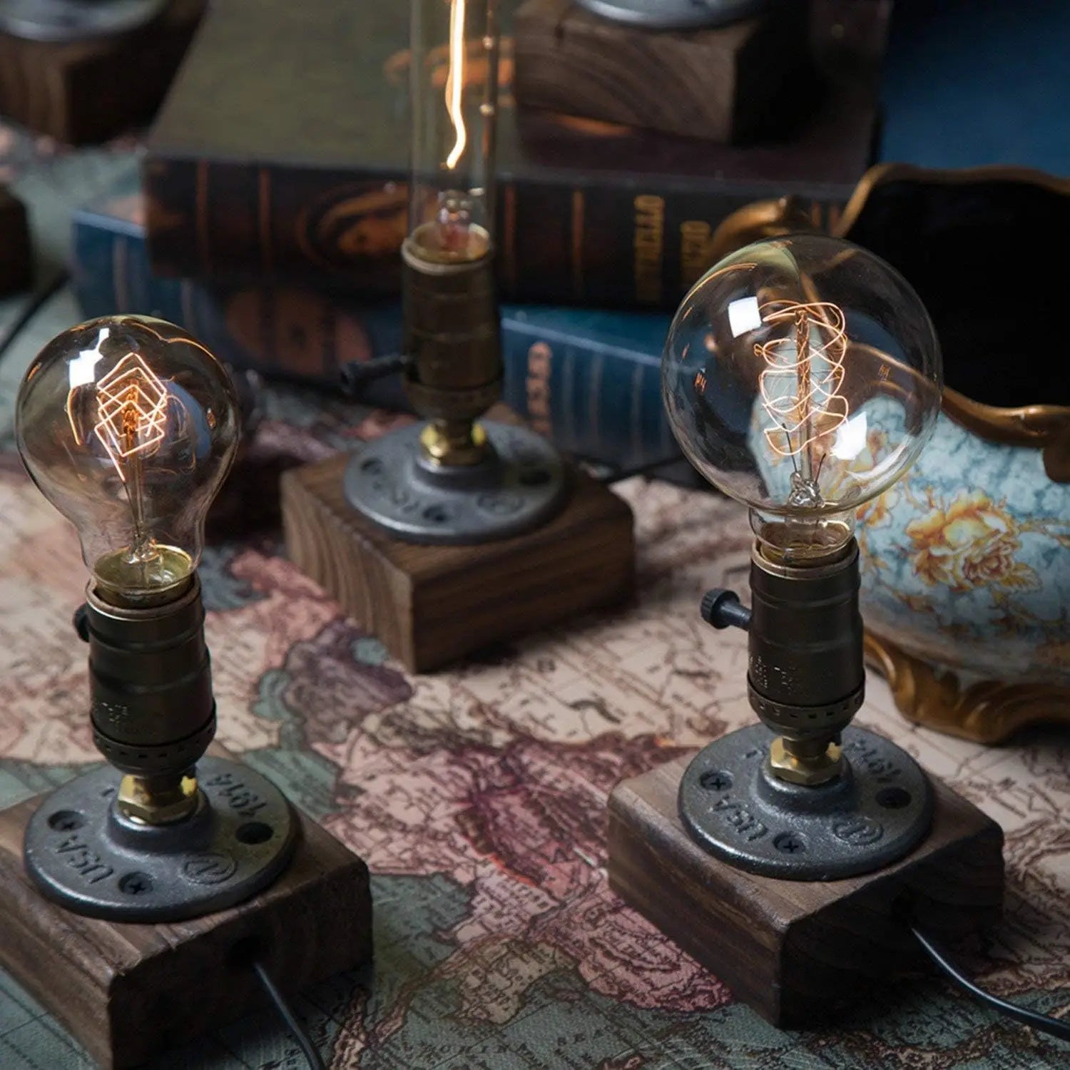 RetroWood - Wooden Table Lamp in Vintage Industrial Style