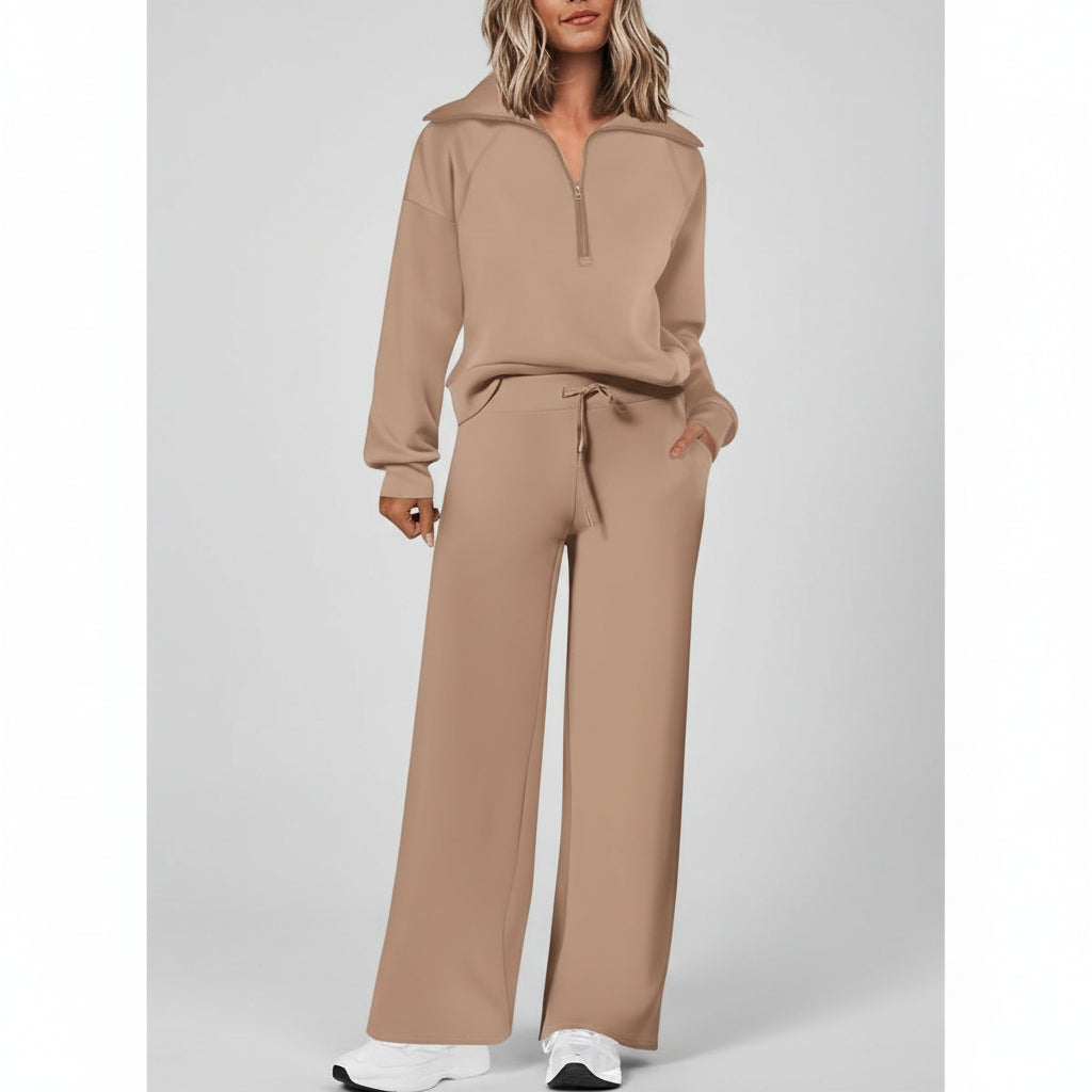 Conjunto Casual para Senhora com Sweatshirt de Meio Fecho e Calças Palazzo