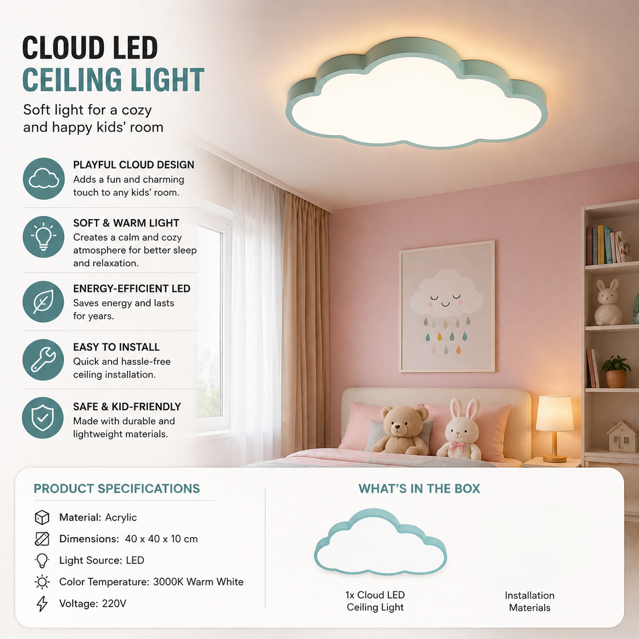 Lampada da soffitto LED per cameretta design nuvola