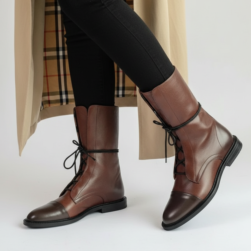 Botins de Senhora em Pele com Atacadores Salto Baixo Uso Diário