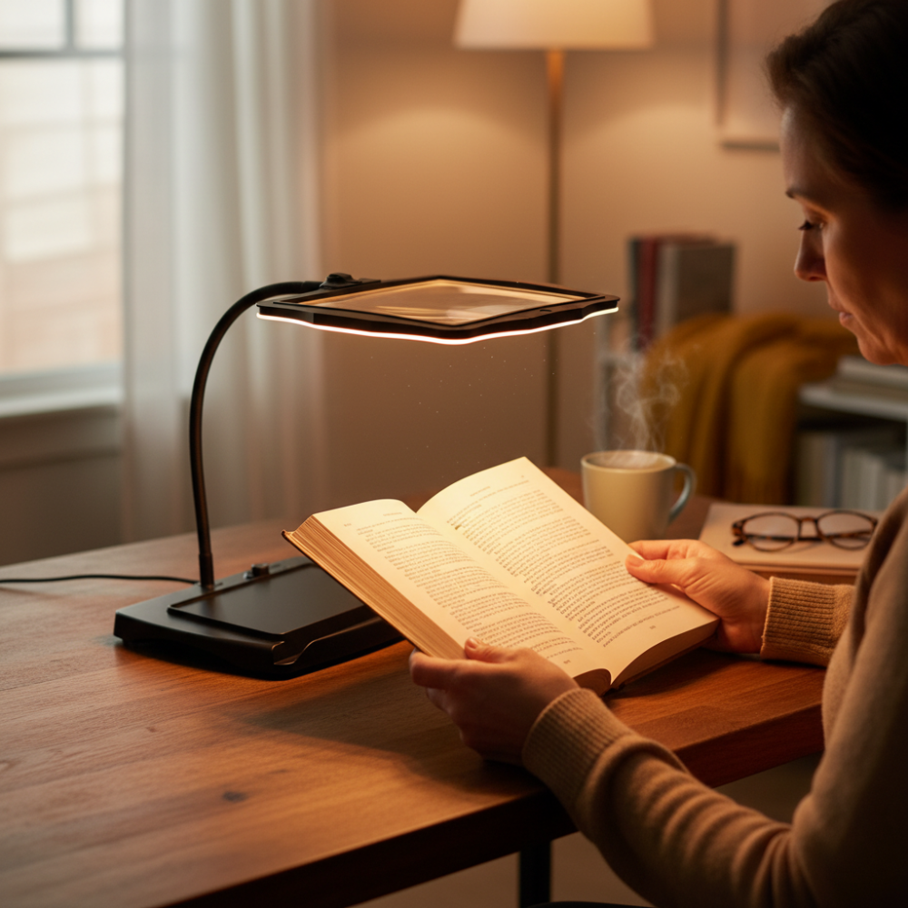 Candeeiro de secretária com lupa LED e braço flexível