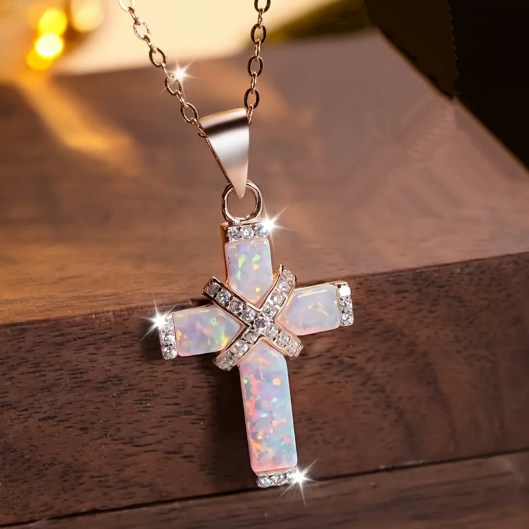 Mother's Day Necklace Women Cross Pendant Opal Look Statement Jewelry