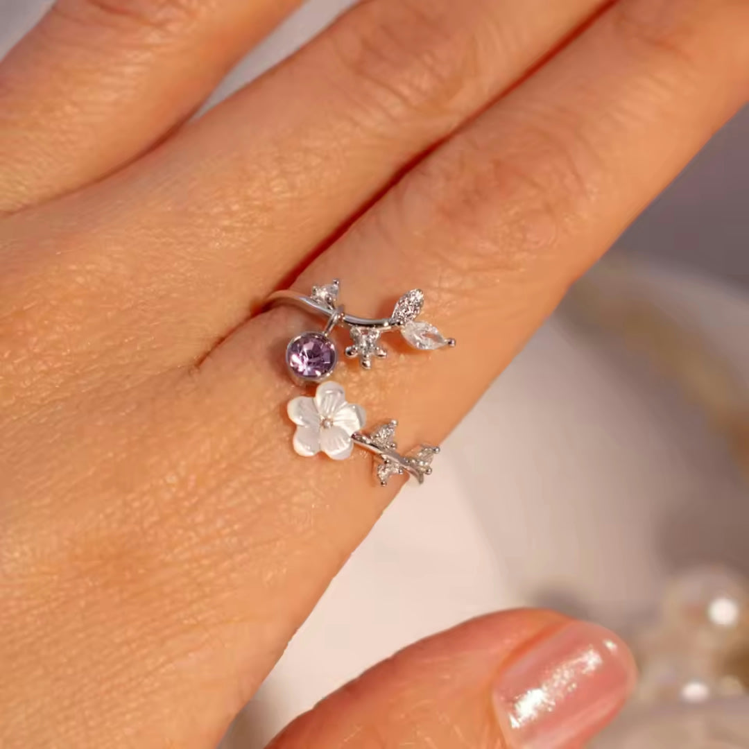 Anillo para el Día de la Madre con Piedra de Nacimiento, Diseño de Flor, Ajustable, Joya