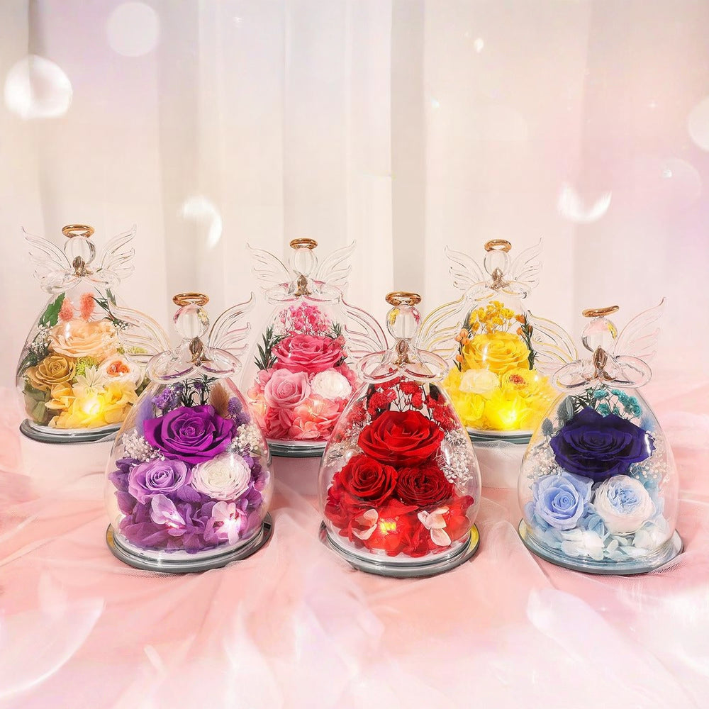 Rosa del Día de la Madre en Campana de Cristal con LED Ángel Decorativo