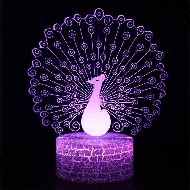 PeacockGlow - LED Night Lamp with 3D Effect and Color Change, Decorative Table Lamp