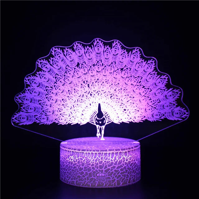 PeacockGlow - LED Night Lamp with 3D Effect and Color Change, Decorative Table Lamp