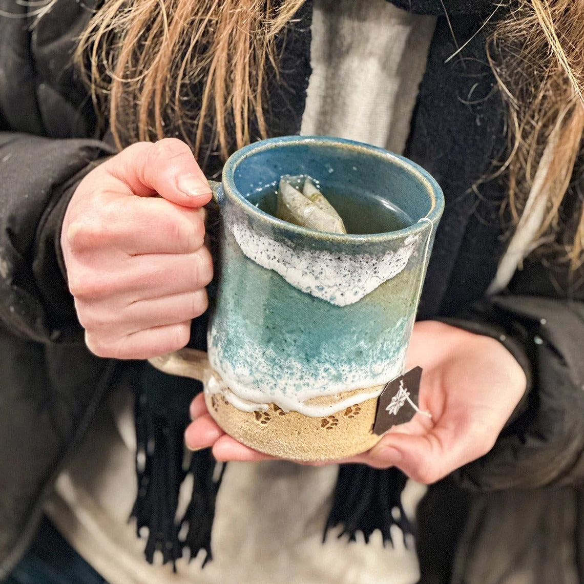 Ocean Shoreline Mug Handmade Paw Print Design Beach-Inspired Pottery 3