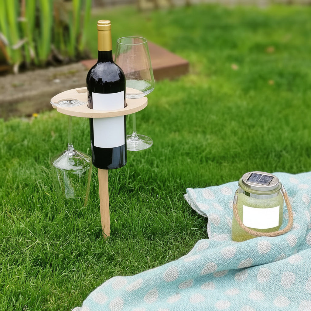 Garden Table Picnic Wine Table Wooden Bottle Glass Holders Outdoor