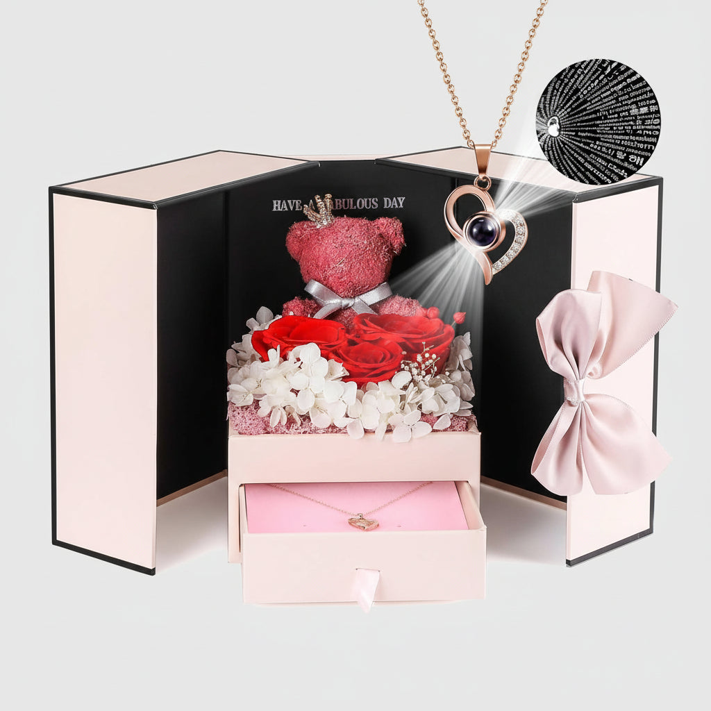 Bewaarde Rose Gift Box Handmade Bear I Love You Necklace