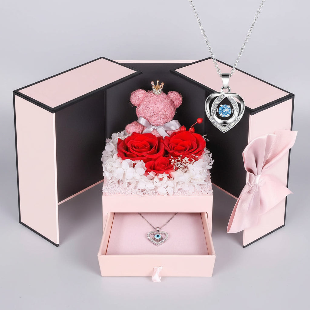 Bewaarde Rose Gift Box Handmade Bear I Love You Necklace