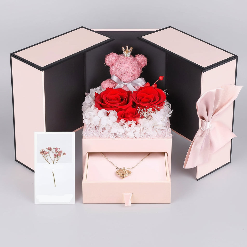 Bewaarde Rose Gift Box Handmade Bear I Love You Necklace