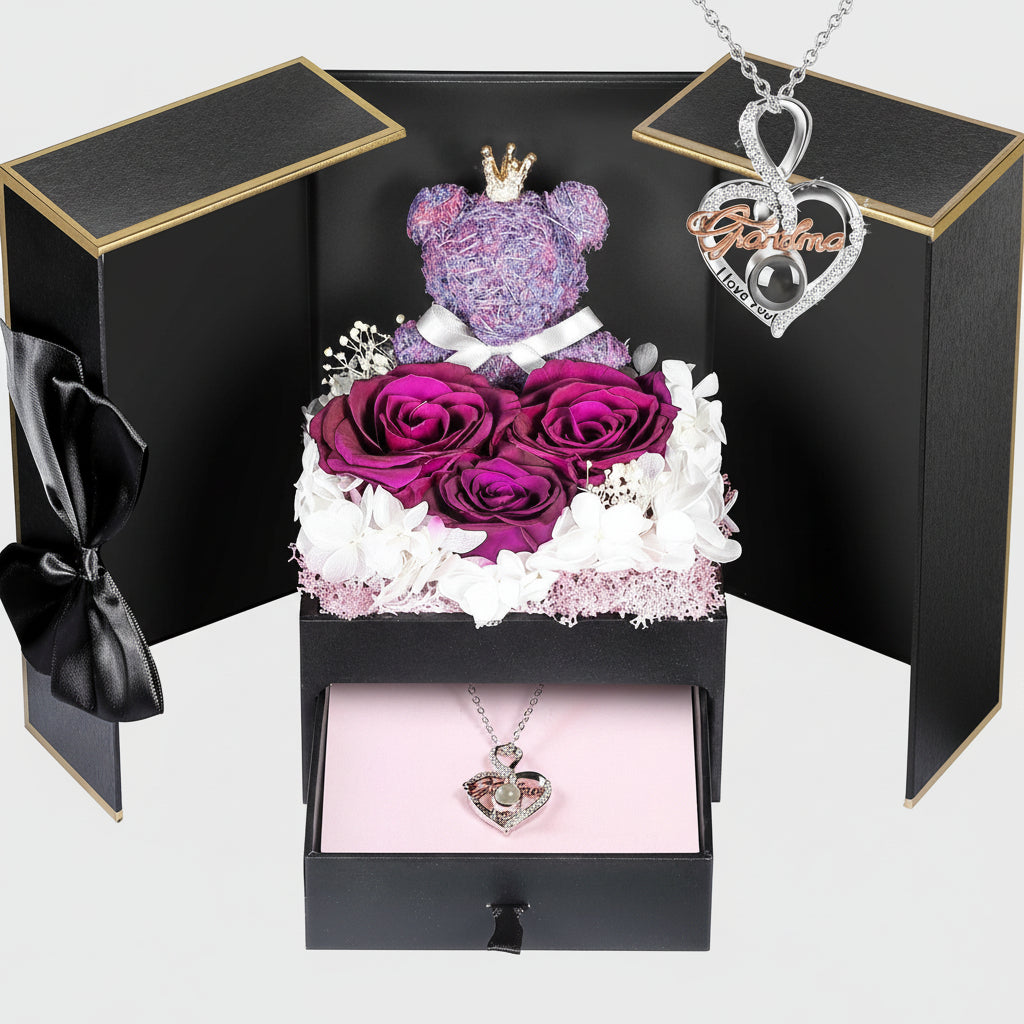 Bewaarde Rose Gift Box Handmade Bear I Love You Necklace