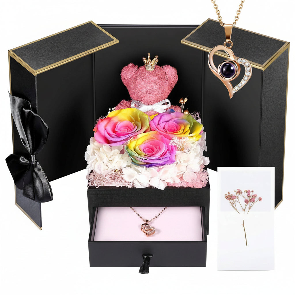 Bewaarde Rose Gift Box Handmade Bear I Love You Necklace
