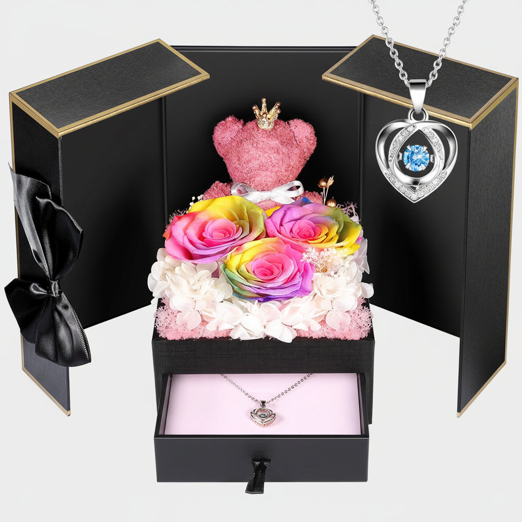 Bewaarde Rose Gift Box Handmade Bear I Love You Necklace