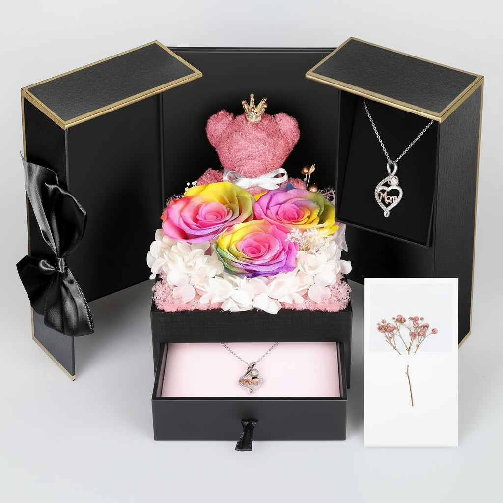 Bewaarde Rose Gift Box Handmade Bear I Love You Necklace