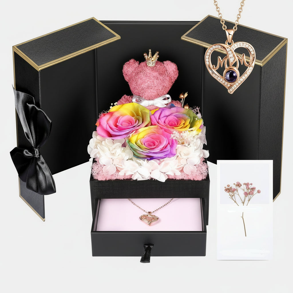 Bewaarde Rose Gift Box Handmade Bear I Love You Necklace