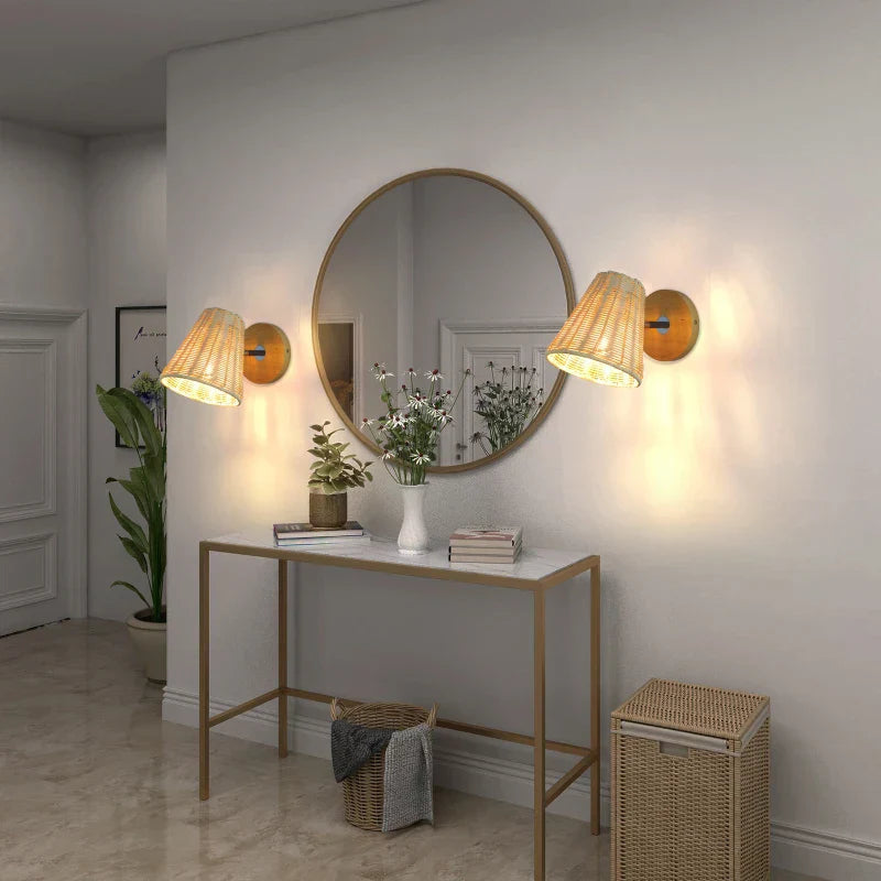 RattanGlow - Lampada da parete girevole in rattan intrecciato a mano
