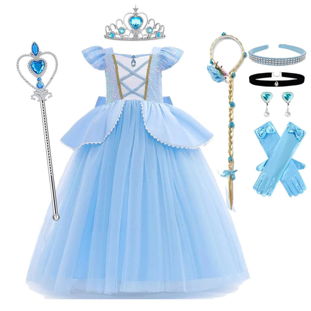 Fato de Halloween Princesa Menina Azul Tule Elegante