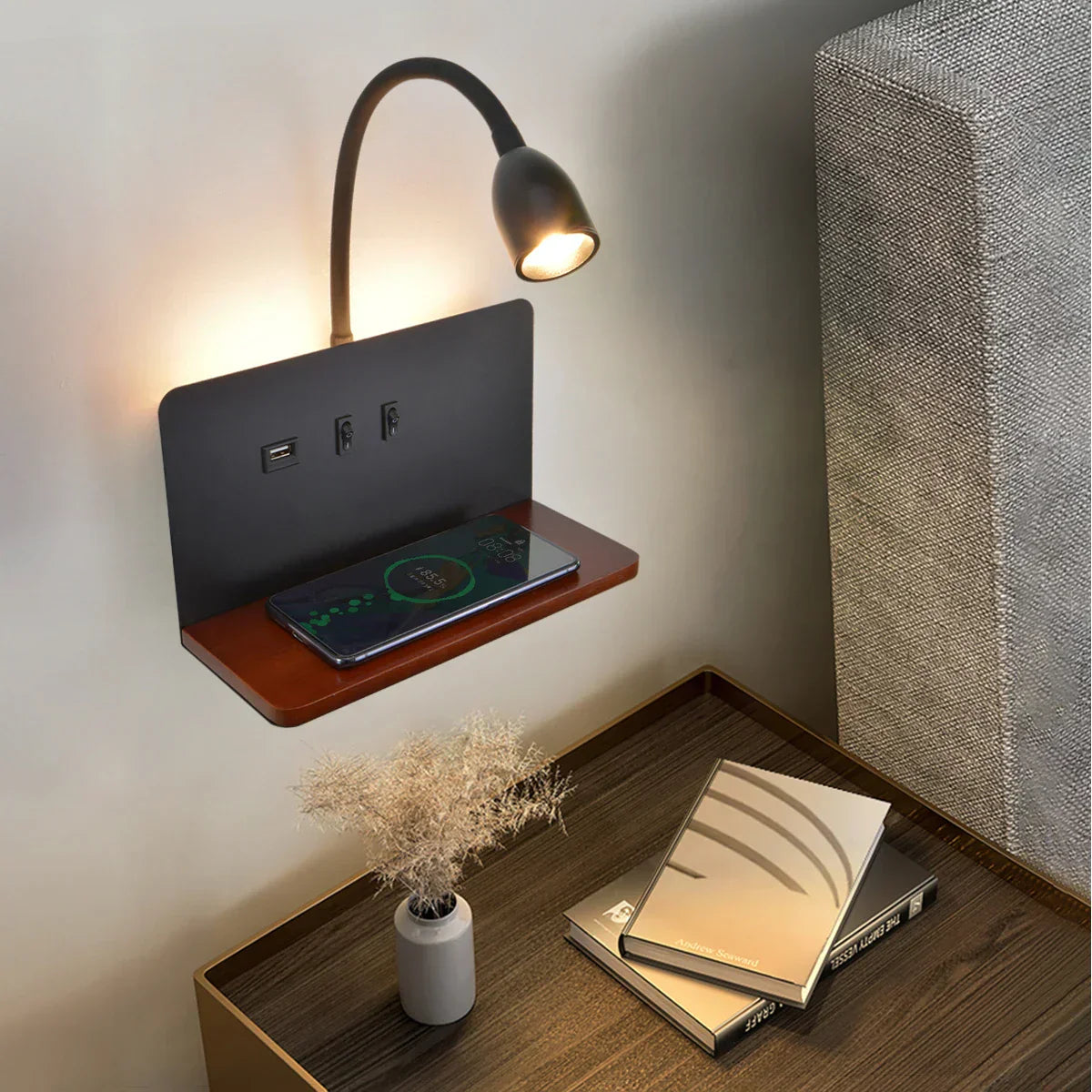 BrightShelf - Candeeiro de Parede LED com Porta USB e Prateleira