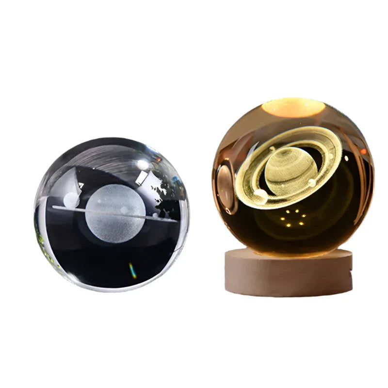 LumiCrystal - 3D LED Night Lamp with Star Projection and Wooden Base