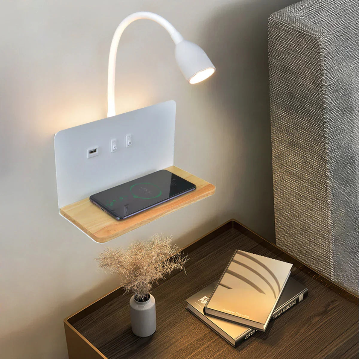 BrightShelf - Candeeiro de Parede LED com Porta USB e Prateleira