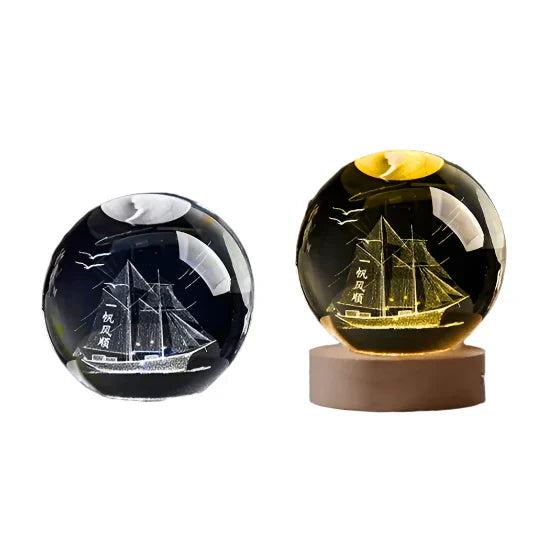 LumiCrystal - 3D LED Night Lamp with Star Projection and Wooden Base