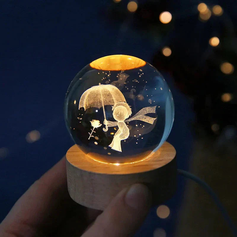 LumiCrystal - 3D LED Nachtlamp met Sterrenprojectie en Houten Basis