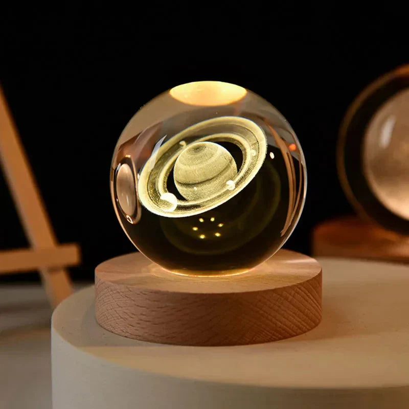 LumiCrystal - 3D LED Nachtlamp met Sterrenprojectie en Houten Basis