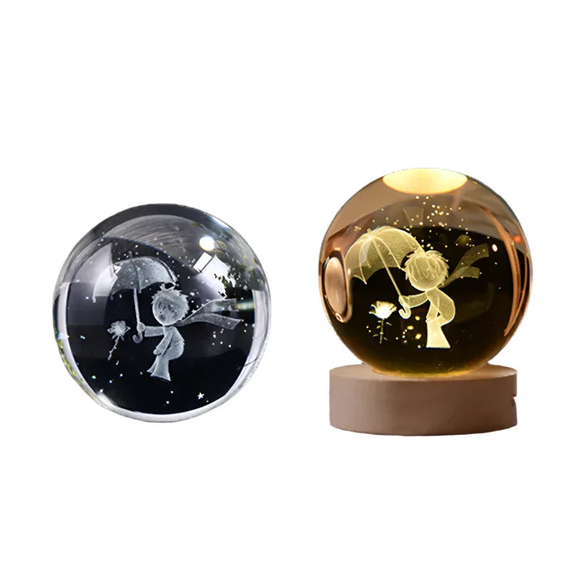 LumiCrystal - 3D LED Night Lamp with Star Projection and Wooden Base