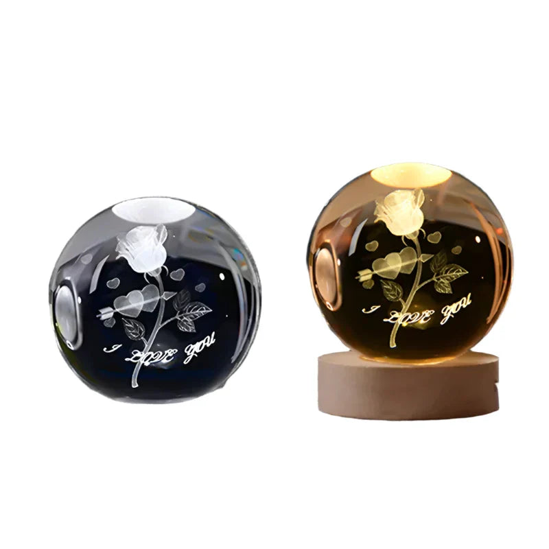 LumiCrystal - 3D LED Night Lamp with Star Projection and Wooden Base