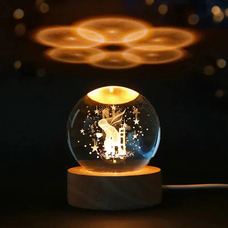 LumiCrystal - 3D LED Night Lamp with Star Projection and Wooden Base