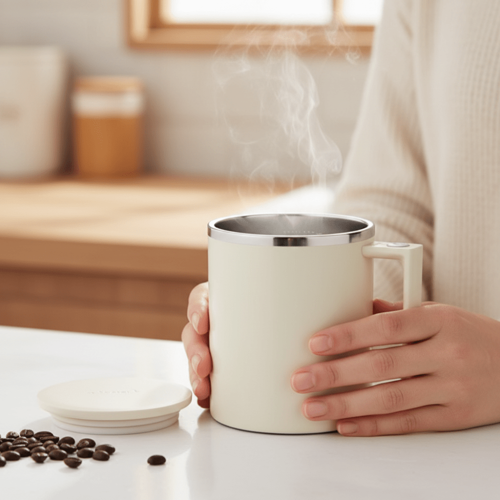 Self Stirring Coffee Mug Stainless Steel Mixing Cup Lid 360 ml