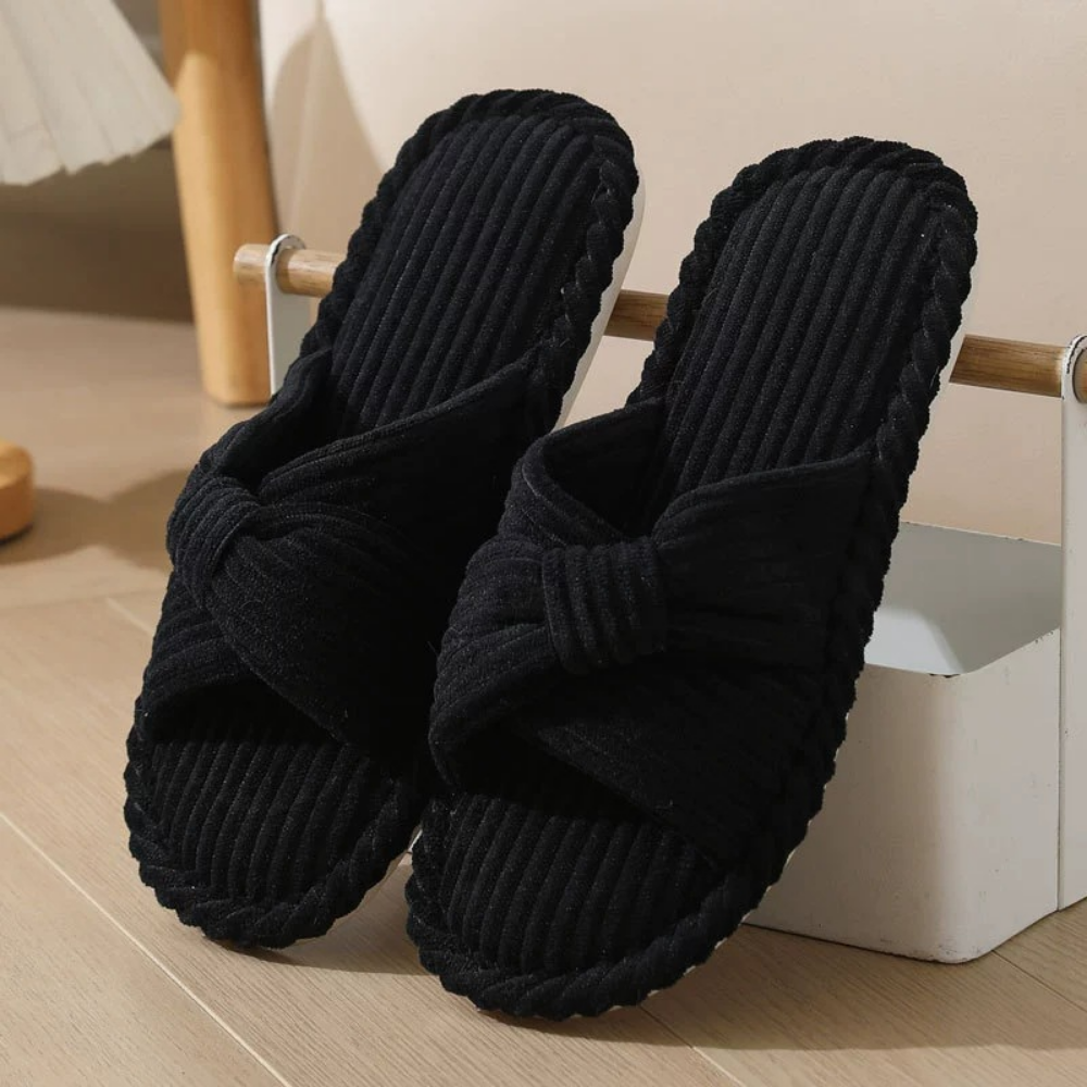 Slippers Women Corduroy Cross Strap Bow Memory Foam
