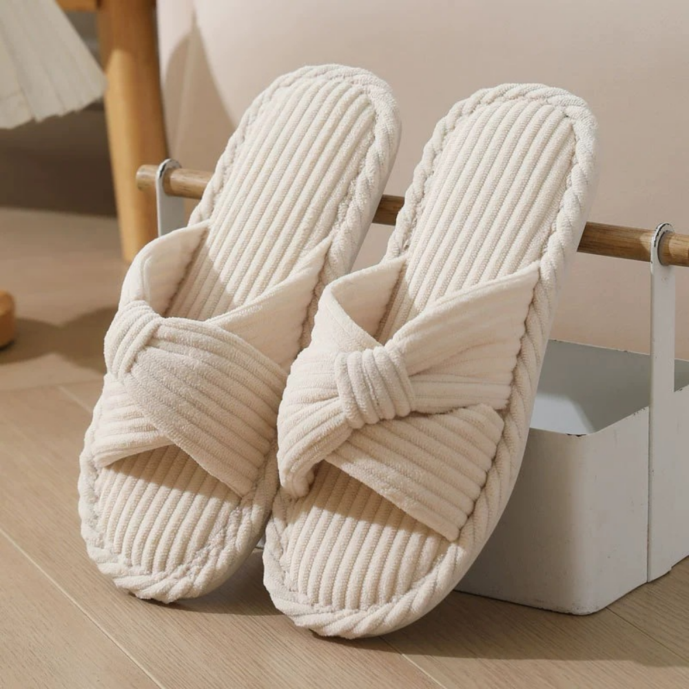Slippers Women Corduroy Cross Strap Bow Memory Foam