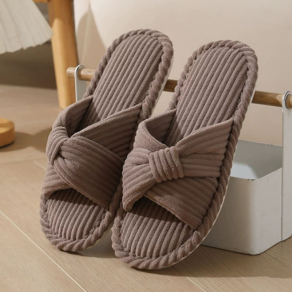 Slippers Women Corduroy Cross Strap Bow Memory Foam
