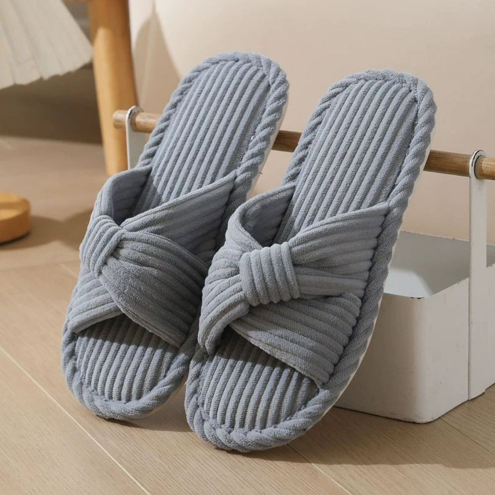 Slippers Women Corduroy Cross Strap Bow Memory Foam